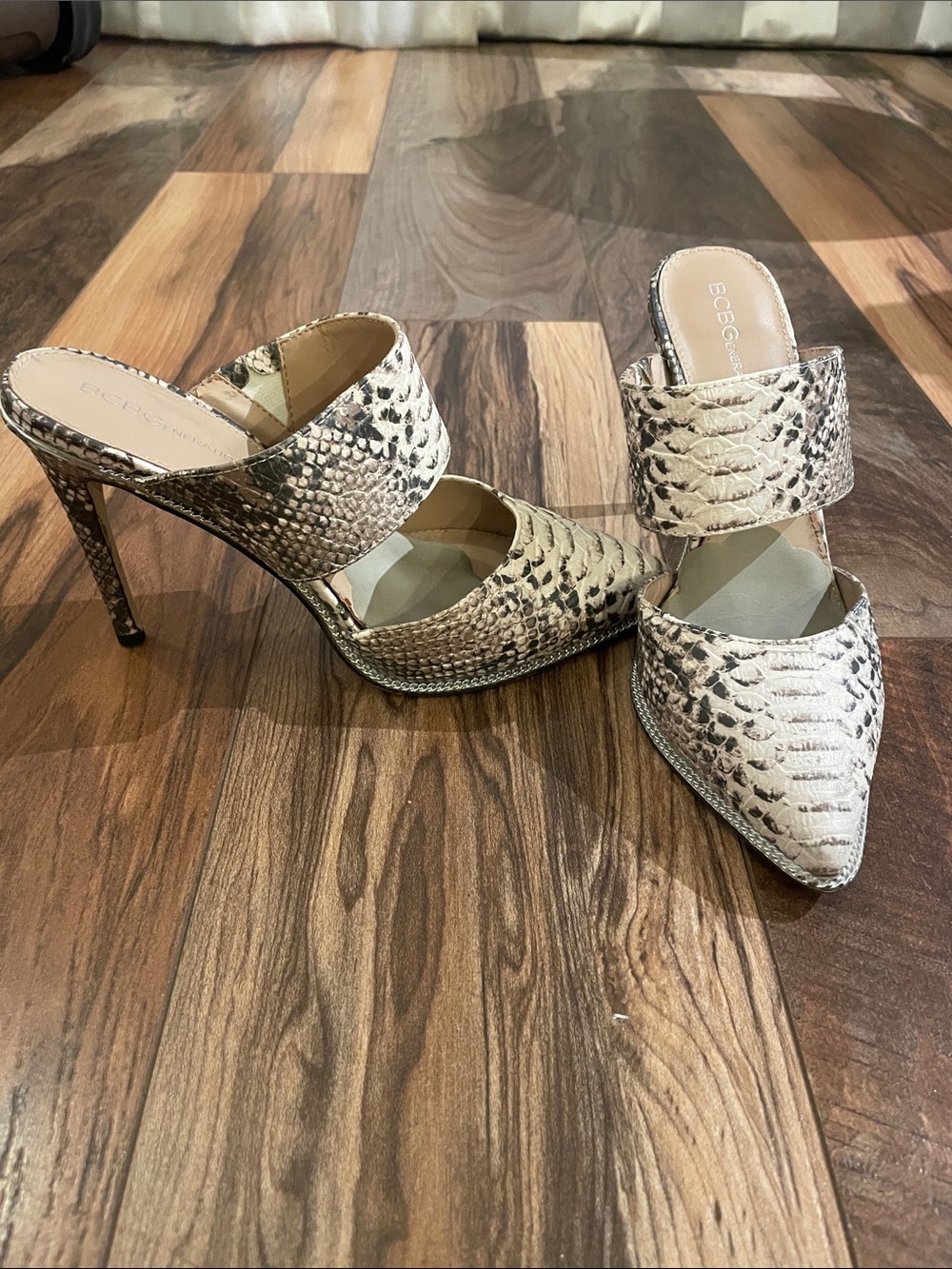 BCBGeneration Snake-Print Pointed Toe Mule Heels - blush and beige
